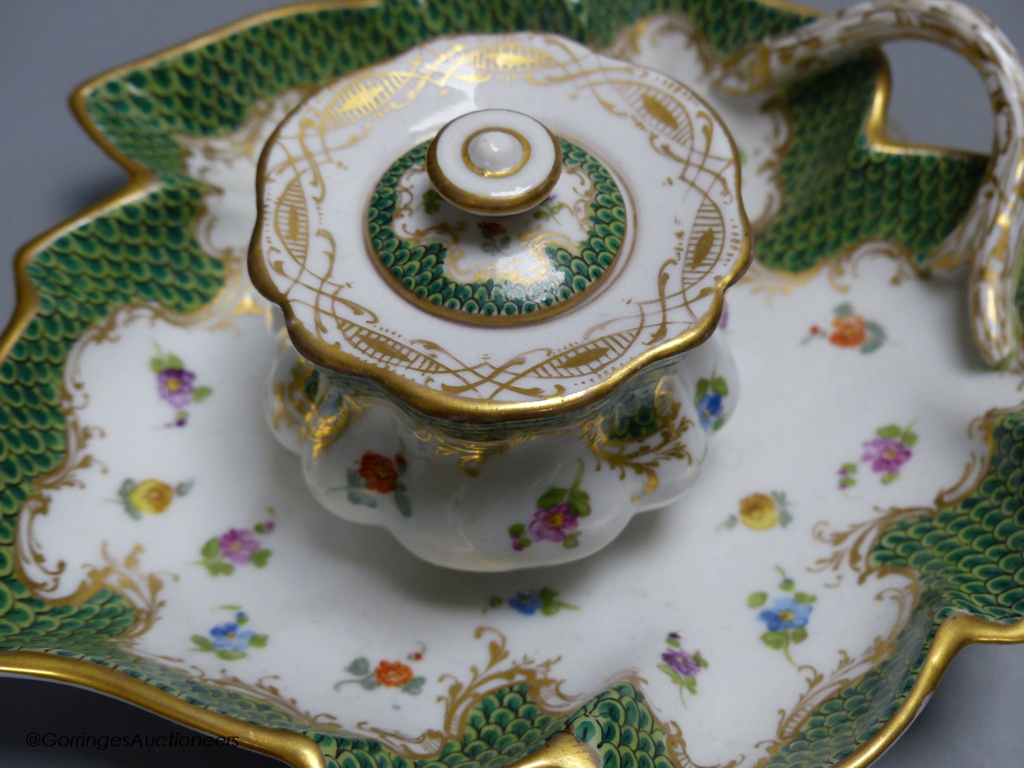 A pair of Dresden porcelain inkwells, length 19cm